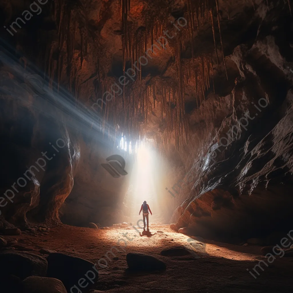 Spelunker surrounded by intricate cave formations and light beams - Image 3