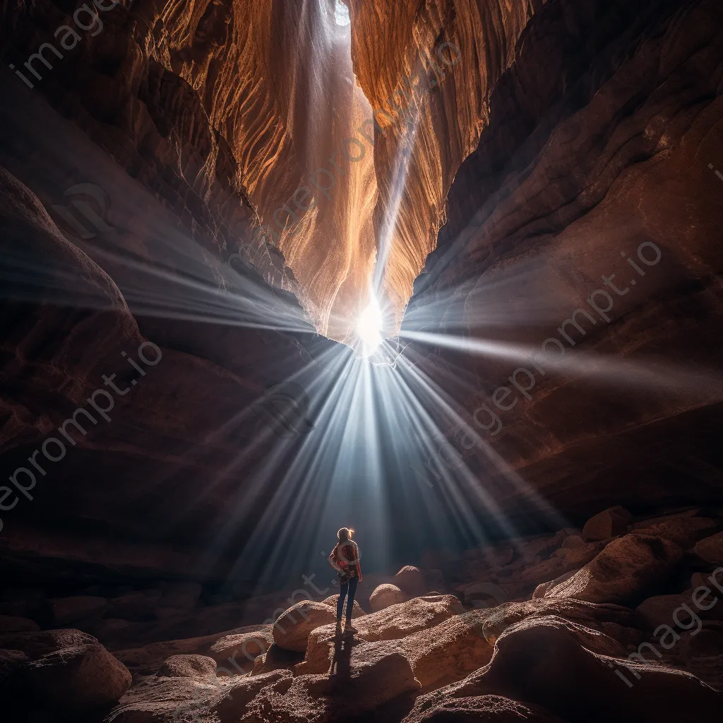 Spelunker surrounded by intricate cave formations and light beams - Image 4