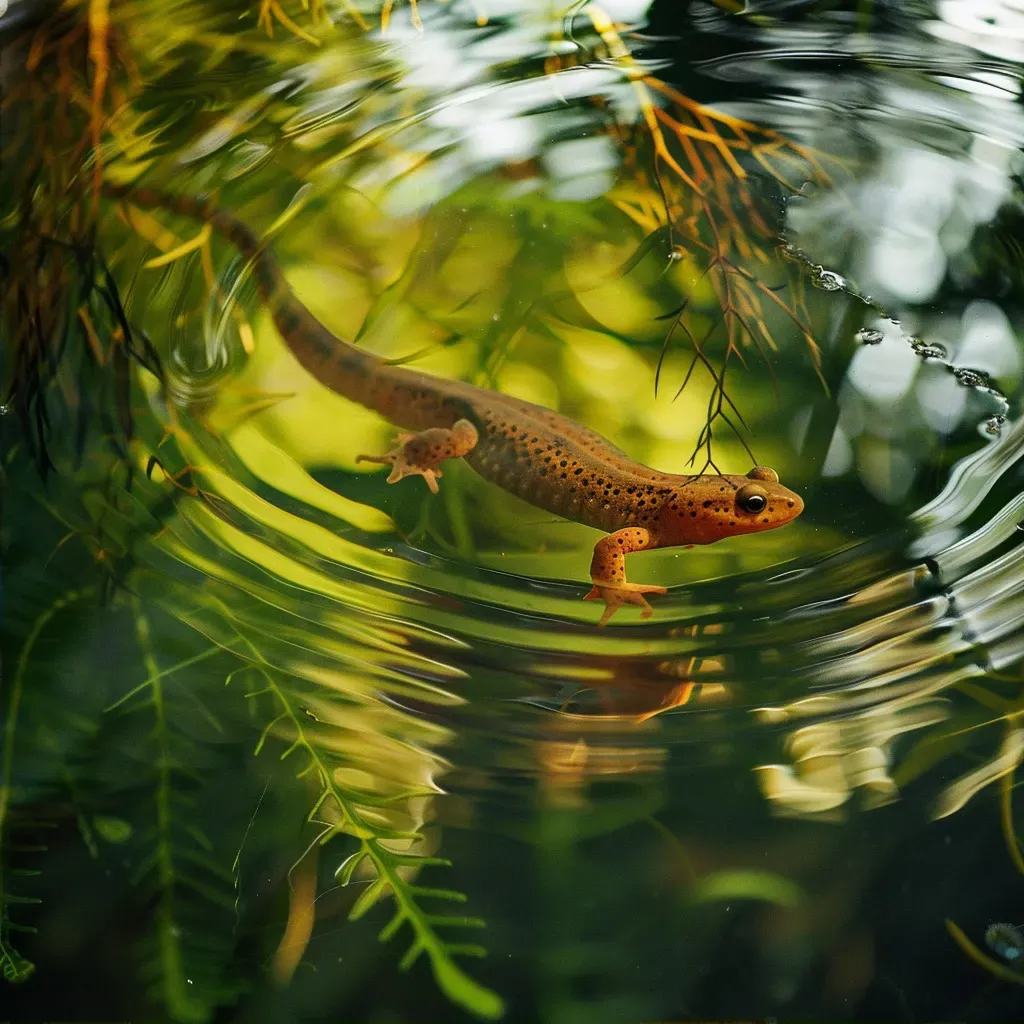 Elegant newt swimming in serene pond with plant reflections - Image 2