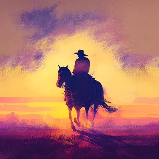 Lone cowboy riding across a wide open prairie at dusk - Image 1