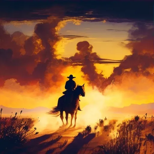 Lone cowboy riding across a wide open prairie at dusk - Image 3