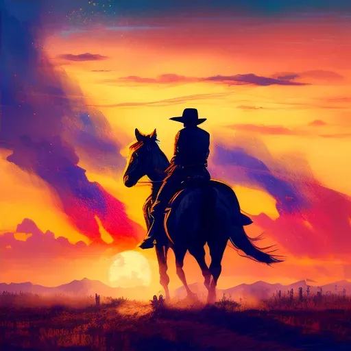 Lone cowboy riding across a wide open prairie at dusk - Image 4