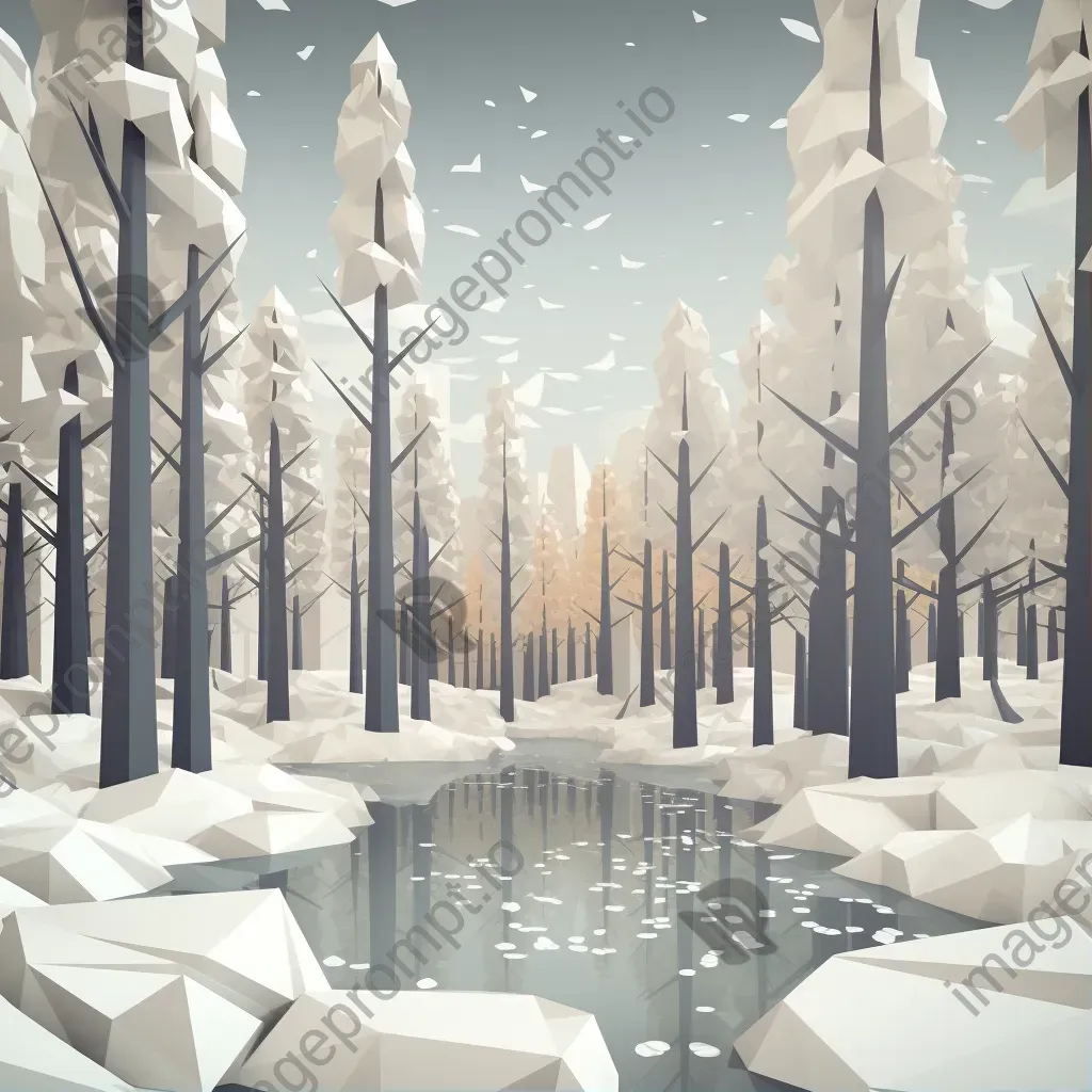 Winter-themed low poly artwork of a snow-covered city park - Image 1