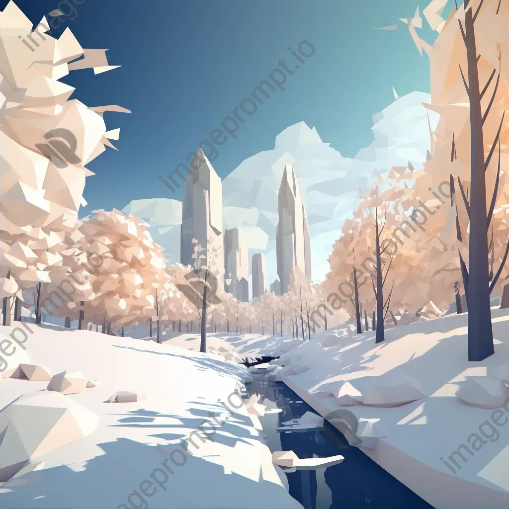 Winter-themed low poly artwork of a snow-covered city park - Image 2