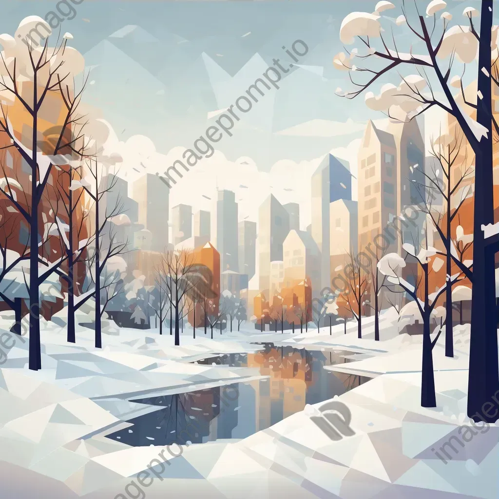 Winter-themed low poly artwork of a snow-covered city park - Image 3