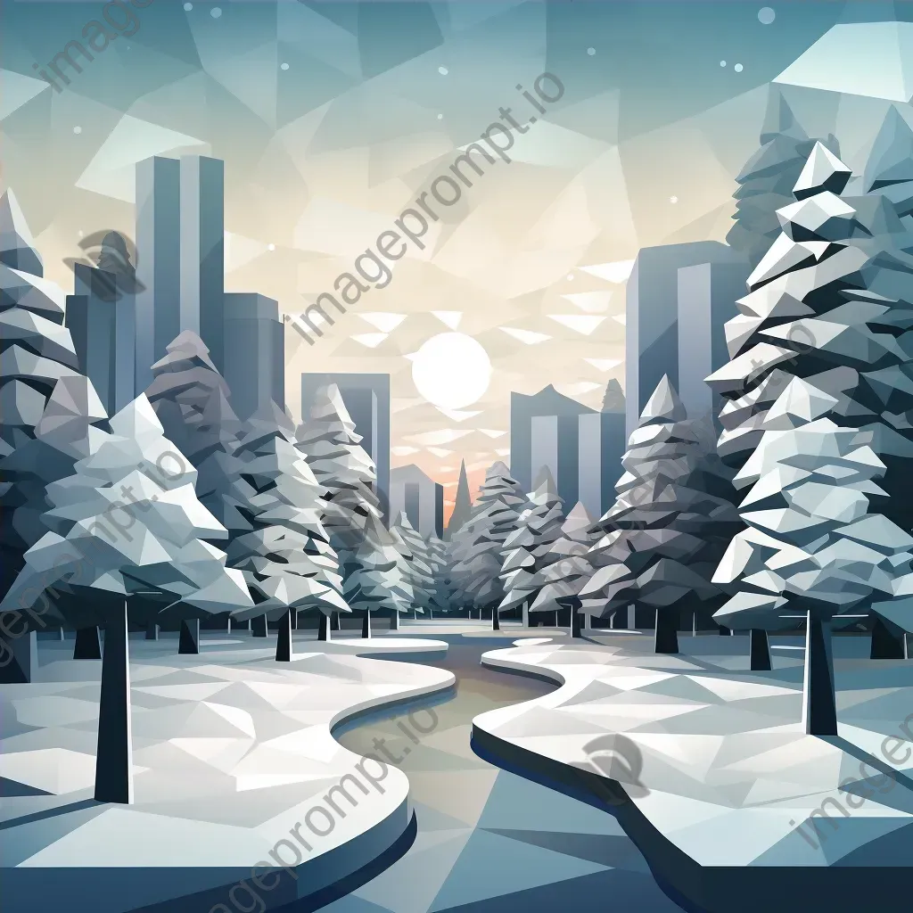 Winter-themed low poly artwork of a snow-covered city park - Image 4