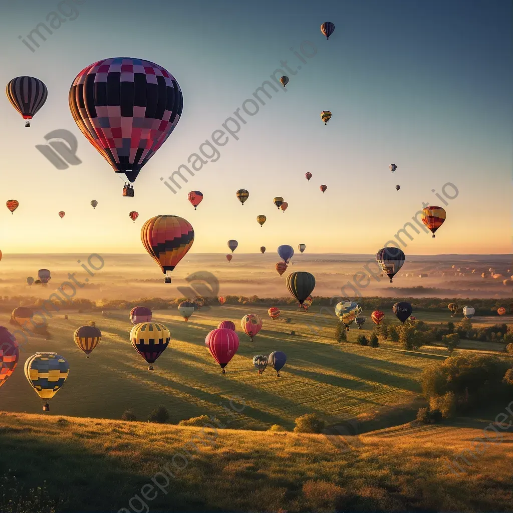 Hot air balloons flying over a field of colorful balloons in different shapes and sizes - Image 1