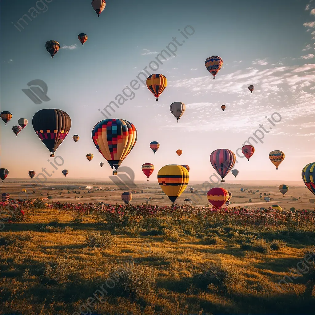 Hot air balloons flying over a field of colorful balloons in different shapes and sizes - Image 2