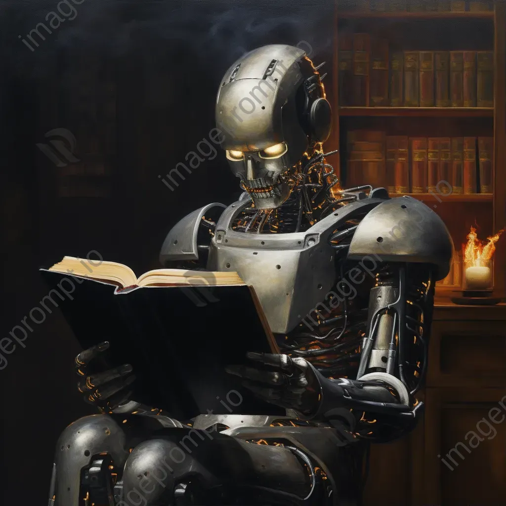 Oil paint depiction of an android reading banned literature, stirring discussions on AI and freedom - Image 1