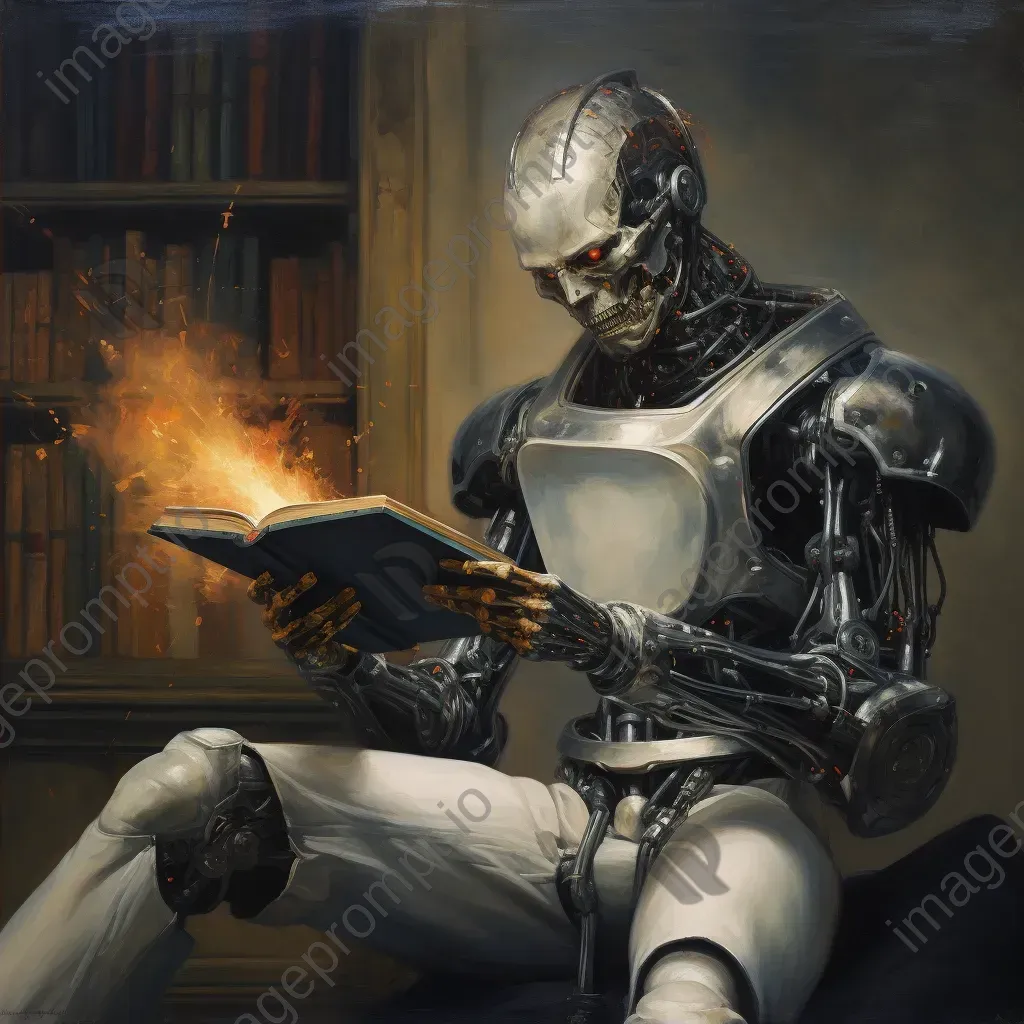 Oil paint depiction of an android reading banned literature, stirring discussions on AI and freedom - Image 2