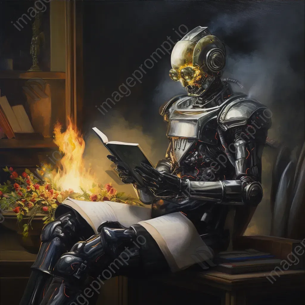 Oil paint depiction of an android reading banned literature, stirring discussions on AI and freedom - Image 3