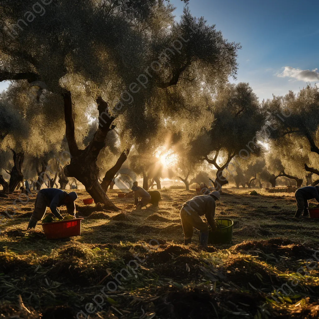 Group of workers harvesting olives in a vibrant olive grove at sunrise. - Image 1