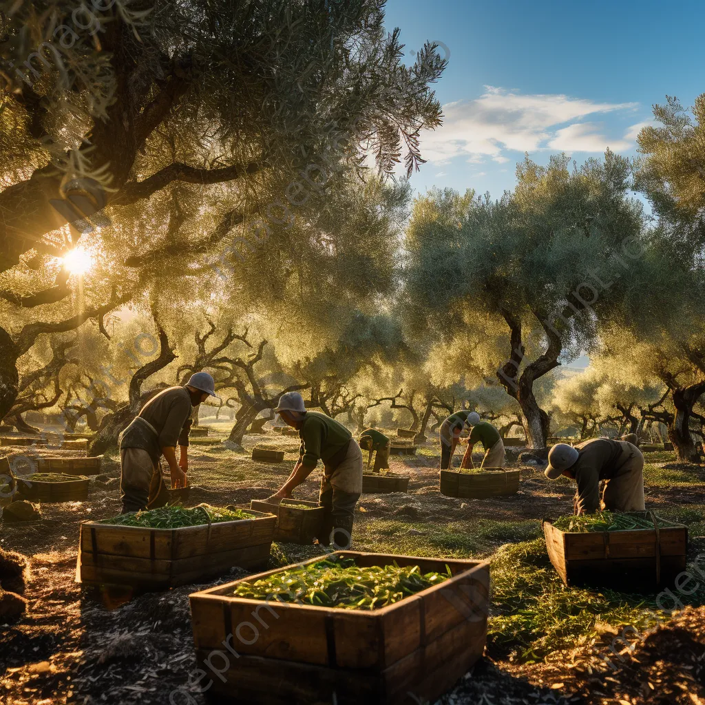 Group of workers harvesting olives in a vibrant olive grove at sunrise. - Image 2