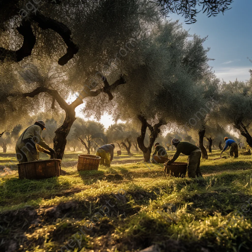 Group of workers harvesting olives in a vibrant olive grove at sunrise. - Image 4