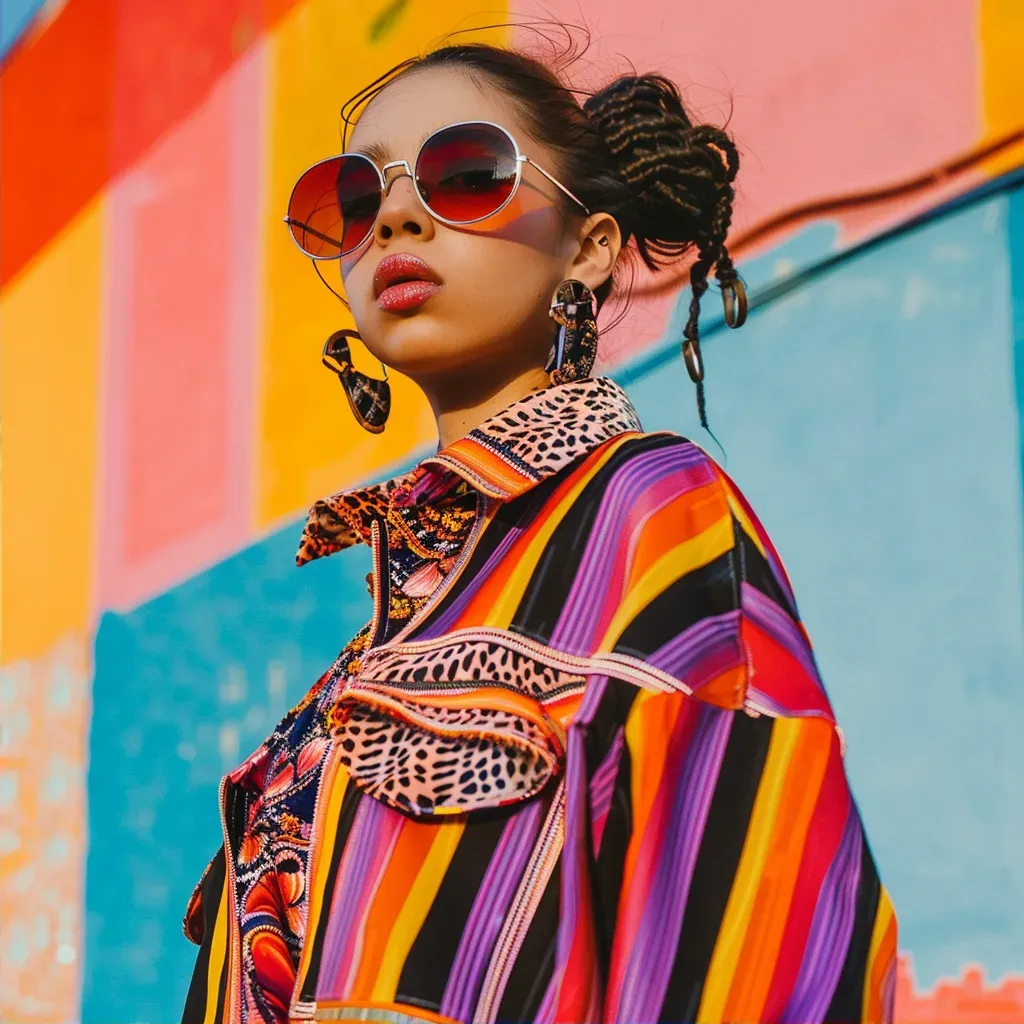 Eclectic urban retro fashion fusion editorial scene with vibrant colors and bold patterns - Image 2