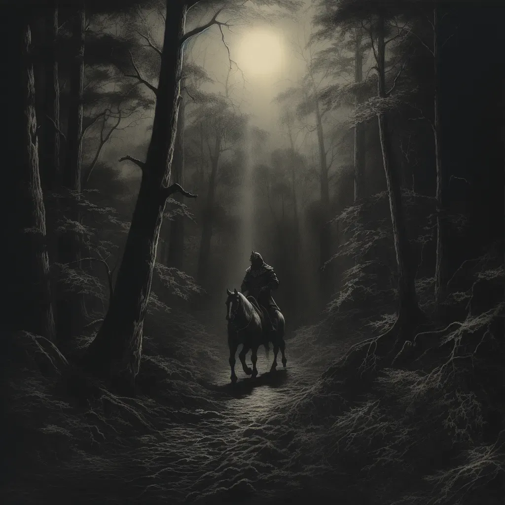 Brave knight on horseback journeying through mysterious forest guided by moonlight - Image 1