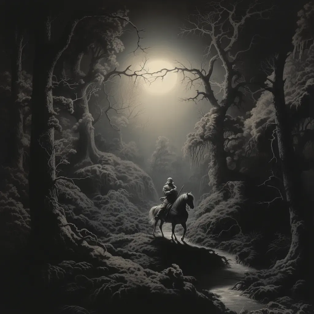 Brave knight on horseback journeying through mysterious forest guided by moonlight - Image 3