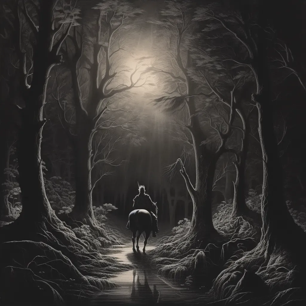 Brave knight on horseback journeying through mysterious forest guided by moonlight - Image 4