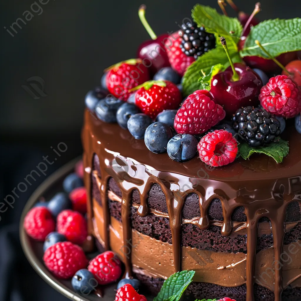 Close-up of chocolate cake with ganache and fresh berries - Image 1