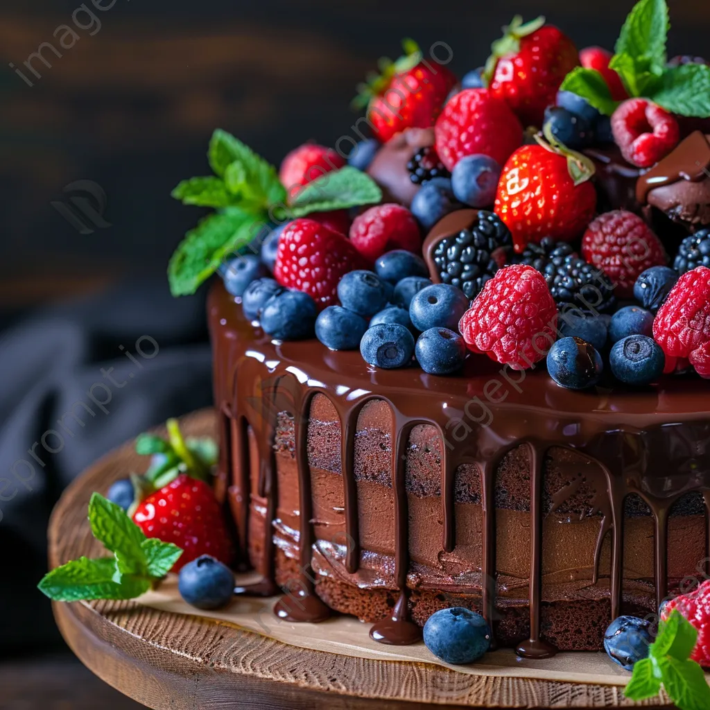 Close-up of chocolate cake with ganache and fresh berries - Image 3