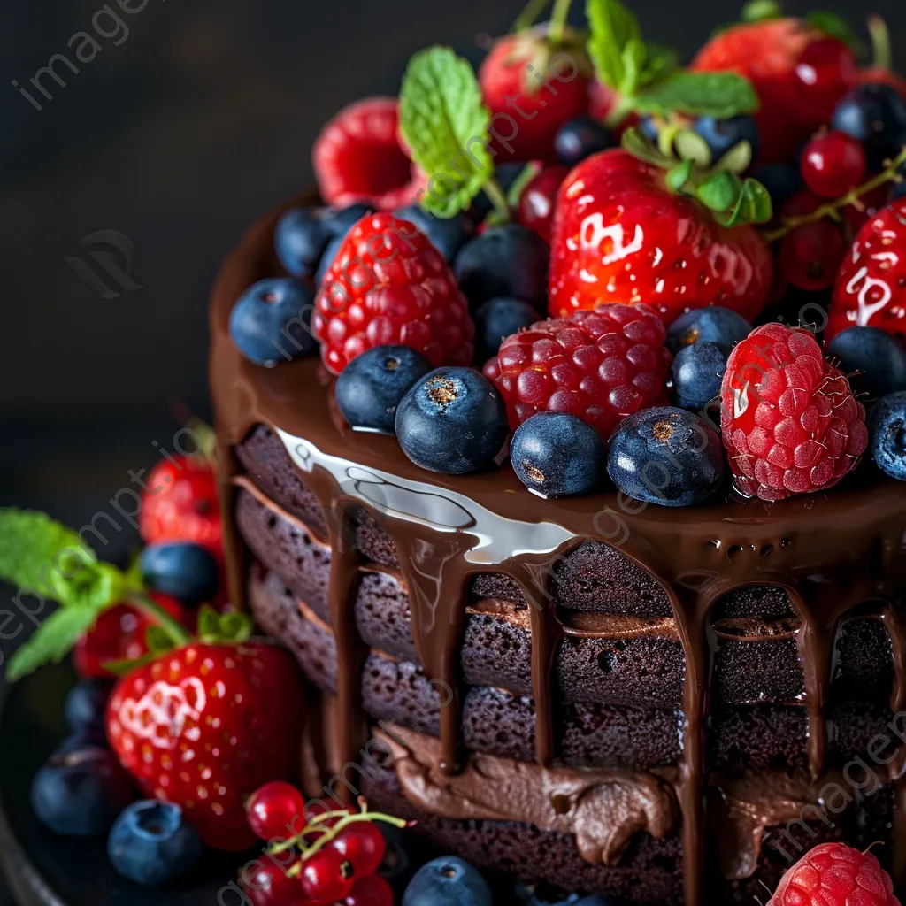 Close-up of chocolate cake with ganache and fresh berries - Image 4