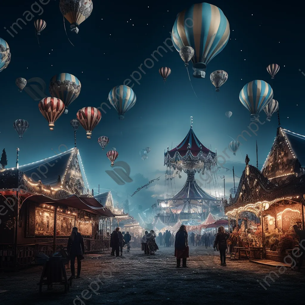 Balloons floating away from an abandoned carnival under soft moonlight, giving a surreal effect. - Image 1