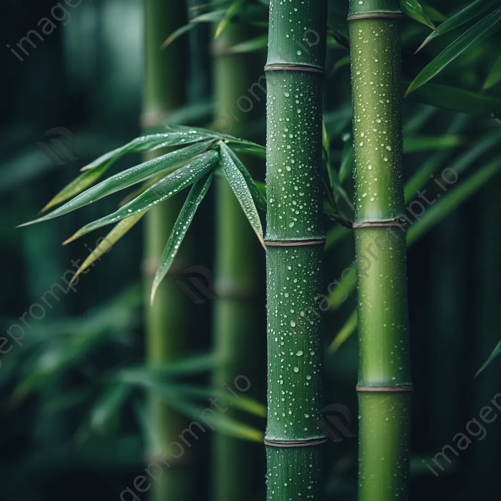 Close-up of dew-covered bamboo leaves in morning light - Image 1