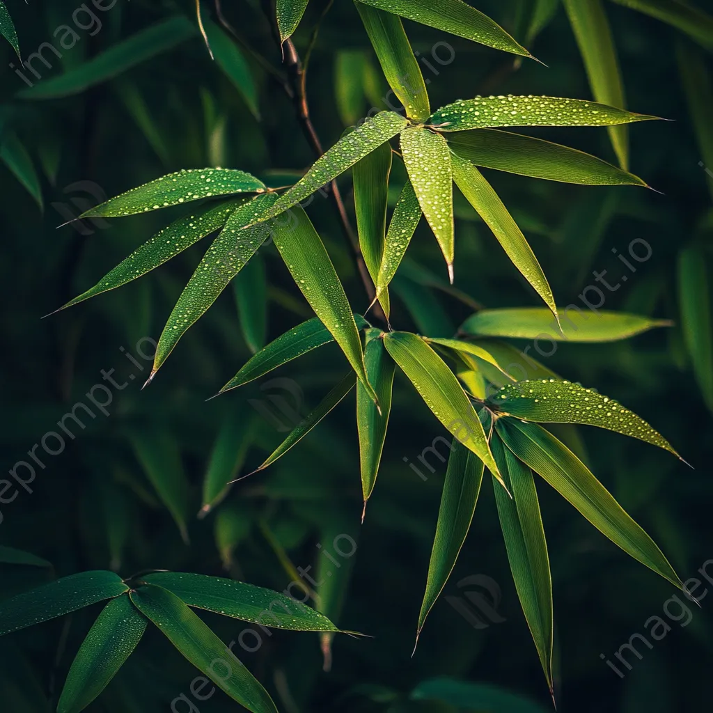 Close-up of dew-covered bamboo leaves in morning light - Image 2