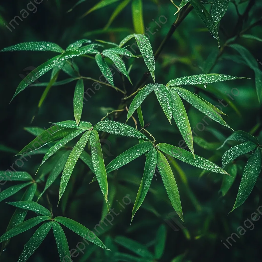 Close-up of dew-covered bamboo leaves in morning light - Image 3