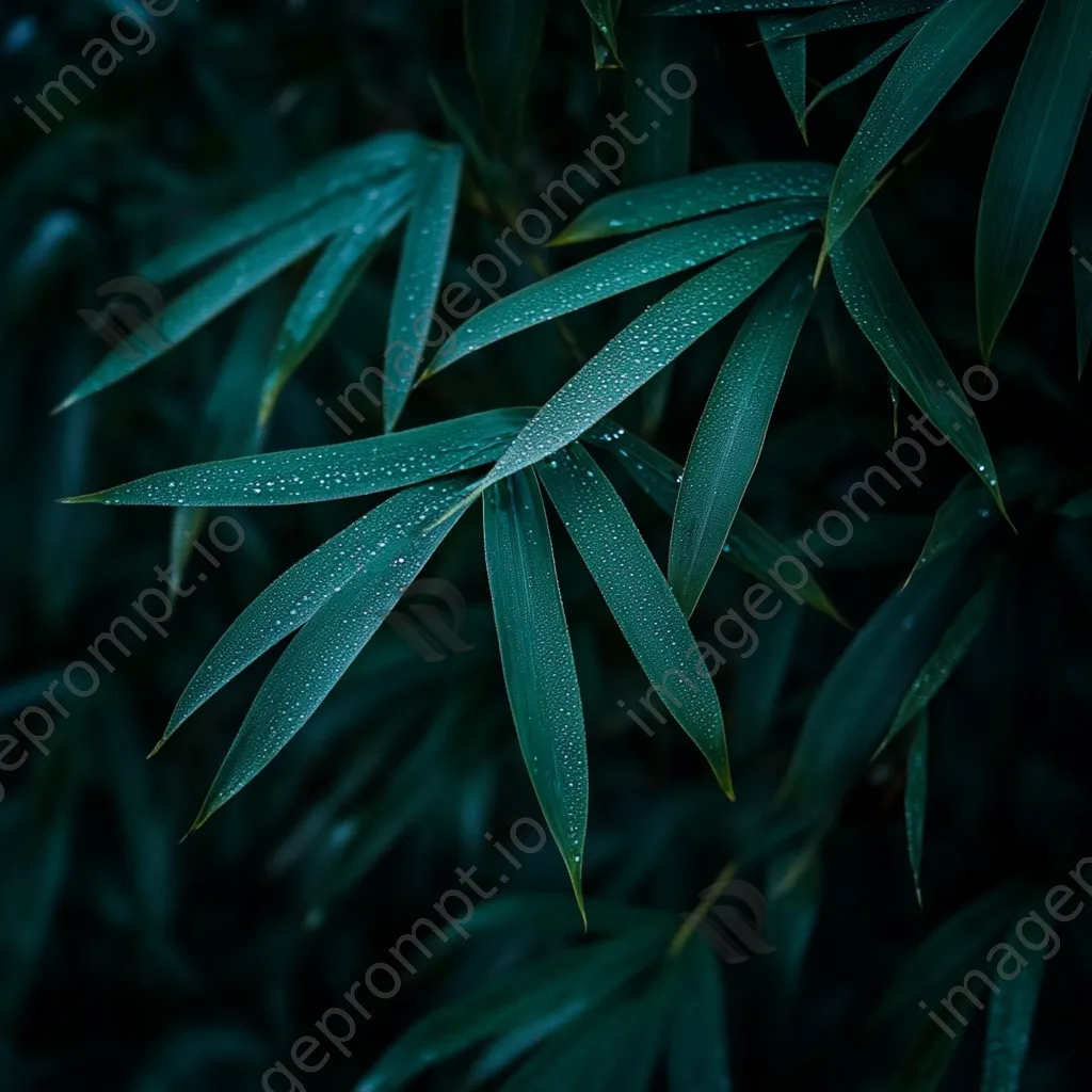 Close-up of dew-covered bamboo leaves in morning light - Image 4