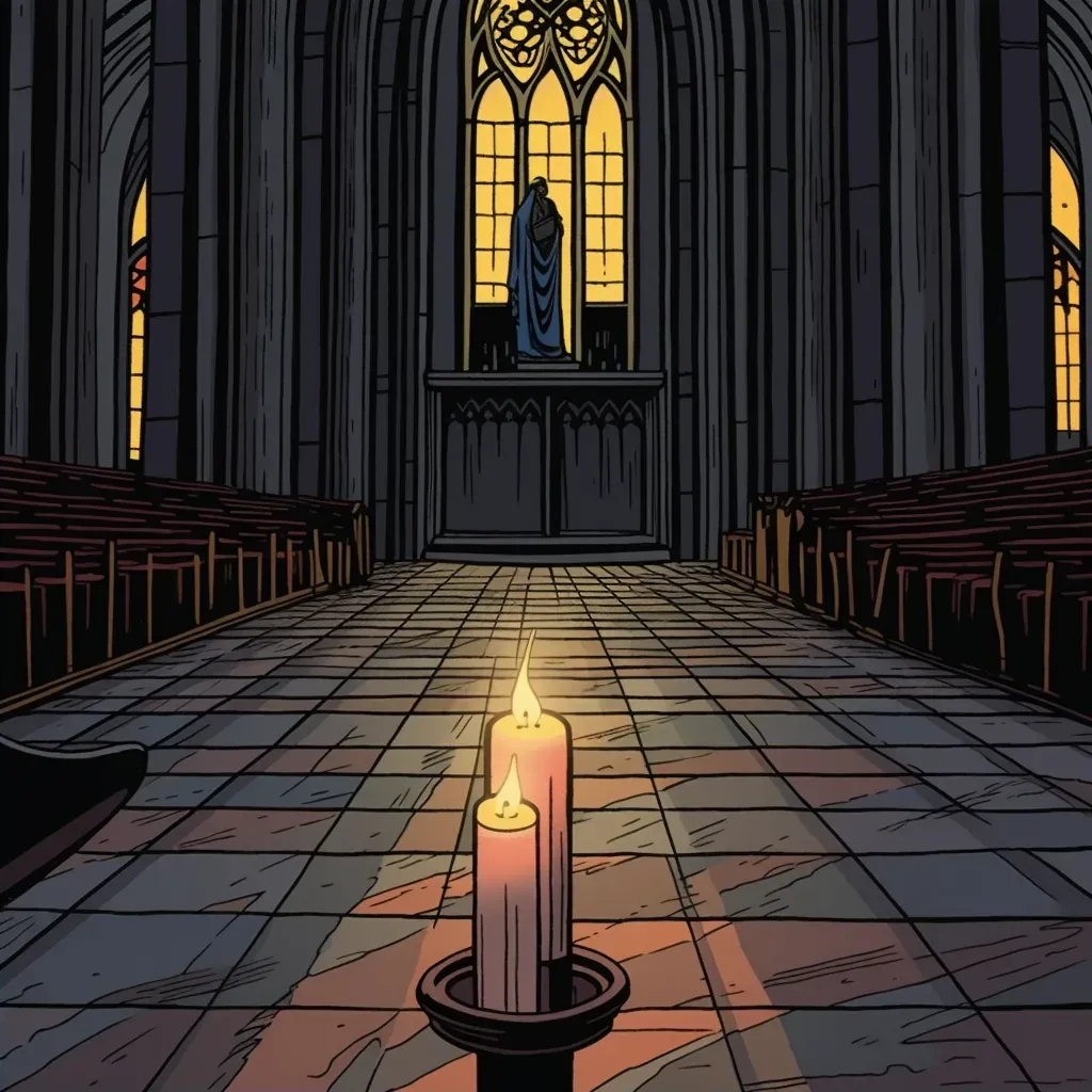 Single candle flickering in a dark, empty cathedral in an image generated by a prompt. - Image 2