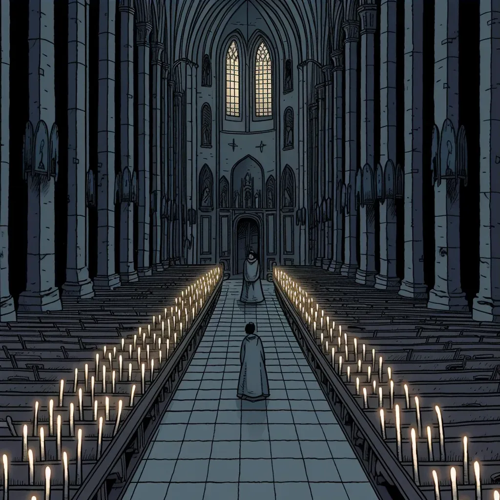 Single candle flickering in a dark, empty cathedral in an image generated by a prompt. - Image 3