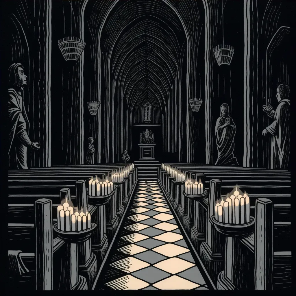 Single candle flickering in a dark, empty cathedral in an image generated by a prompt. - Image 4