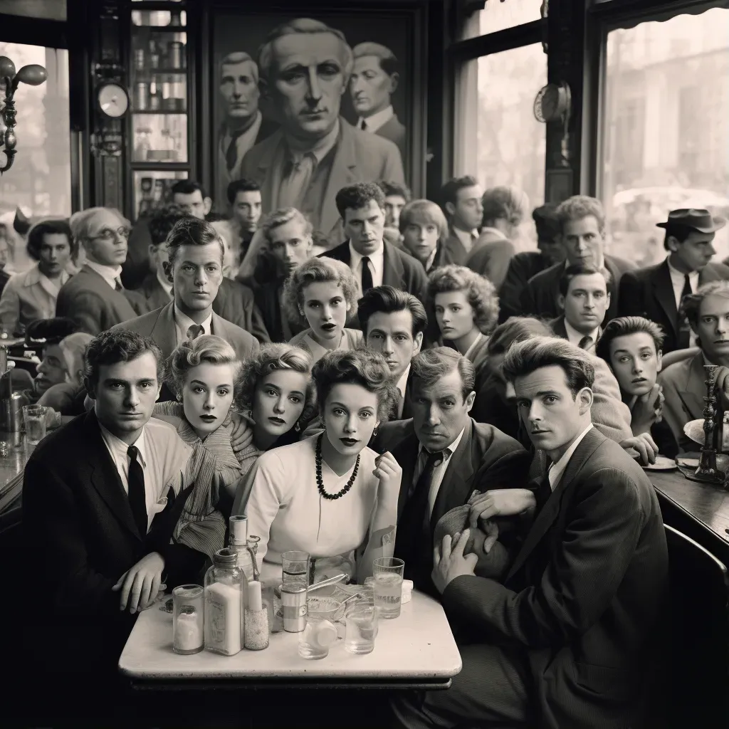 Bustling cafe with patrons resembling famous film and music stars from past decades - Image 1