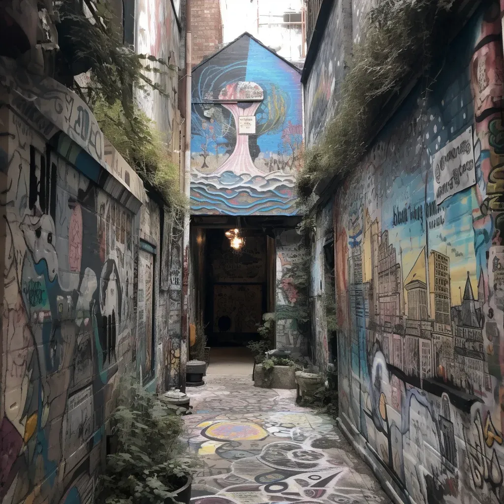 Image of an alleyway covered in graffiti tags and stickers, creating a hidden urban gallery - Image 3