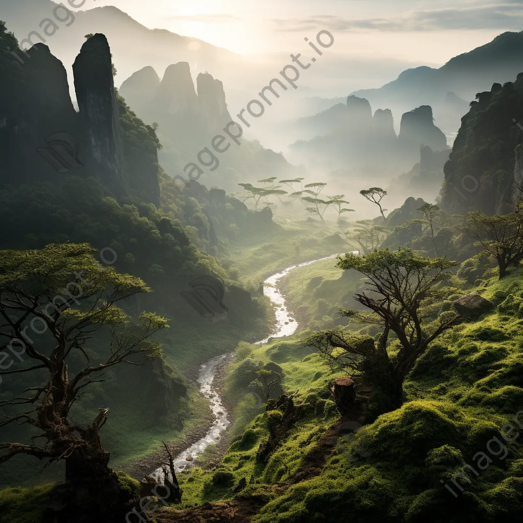 Misty mountain valley with winding path and ancient trees - Image 1