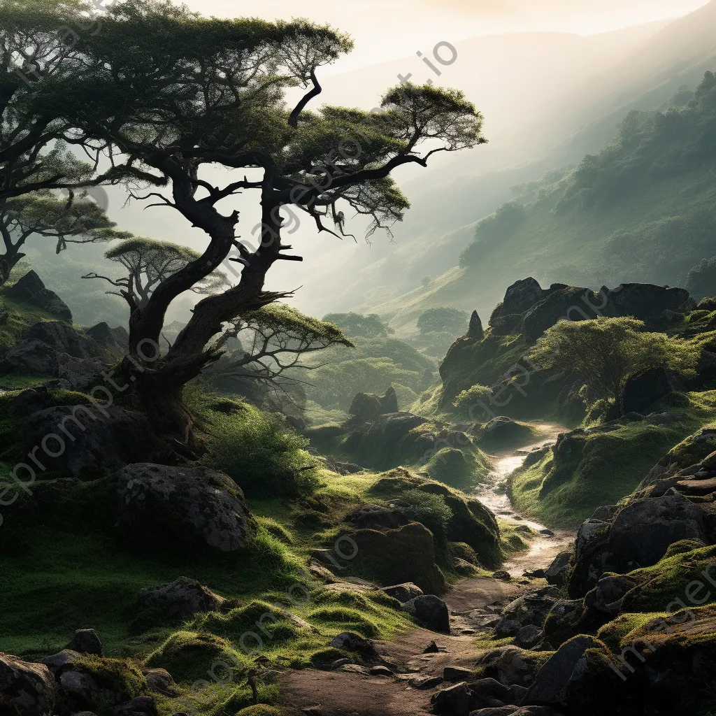 Misty mountain valley with winding path and ancient trees - Image 2