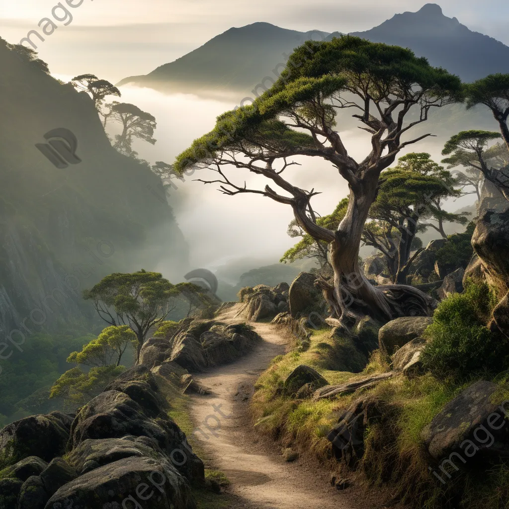 Misty mountain valley with winding path and ancient trees - Image 3