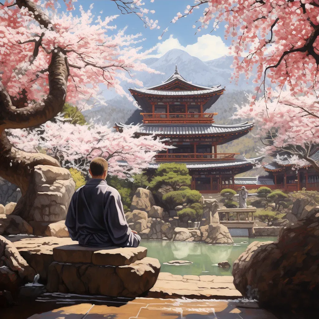 Lone monk meditating in a serene, stone-built monastery garden filled with cherry blossoms - Image 3