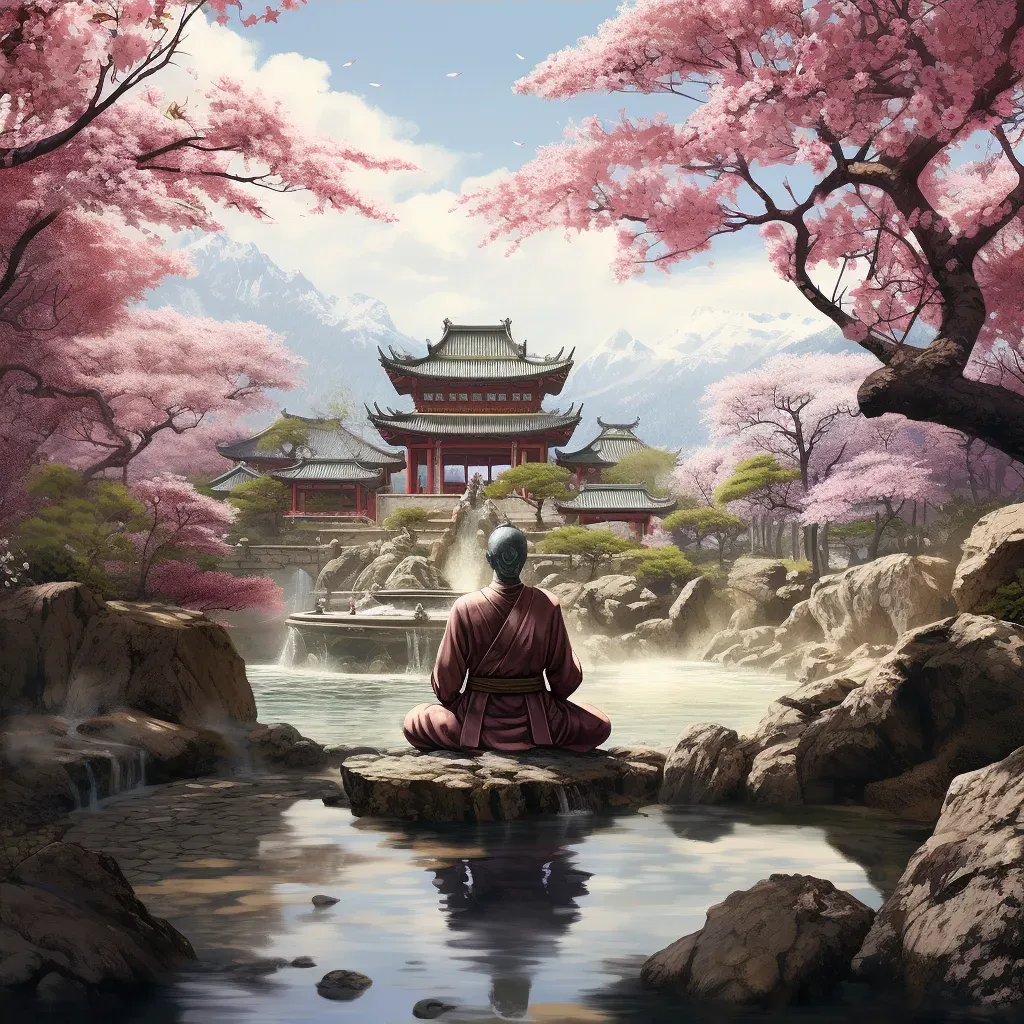 Lone monk meditating in a serene, stone-built monastery garden filled with cherry blossoms - Image 4