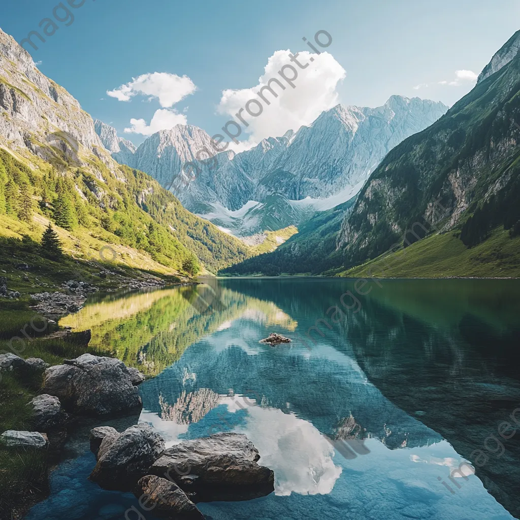 Mountain valley with a crystal-clear lake and towering peaks - Image 1