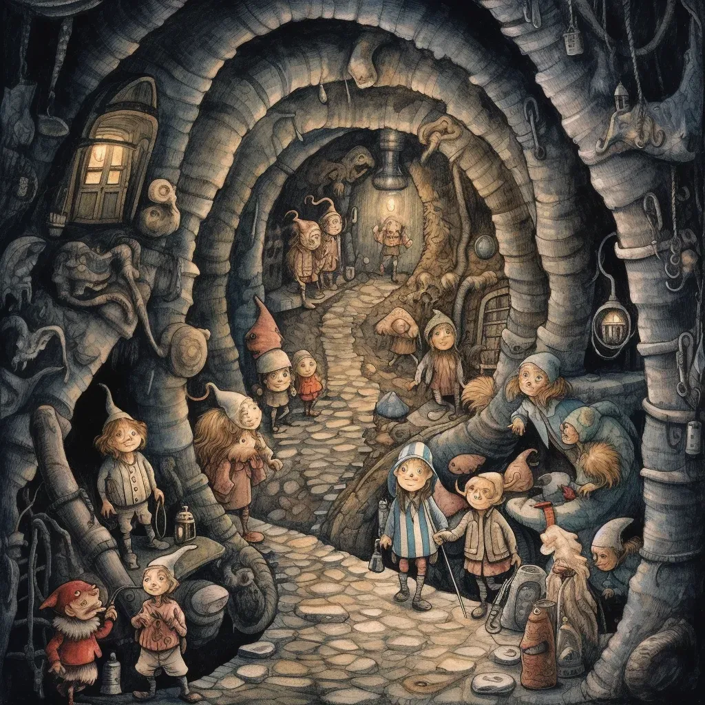 Illustration of children exploring a network of underground tunnels and caves with friendly gnomes - Image 1