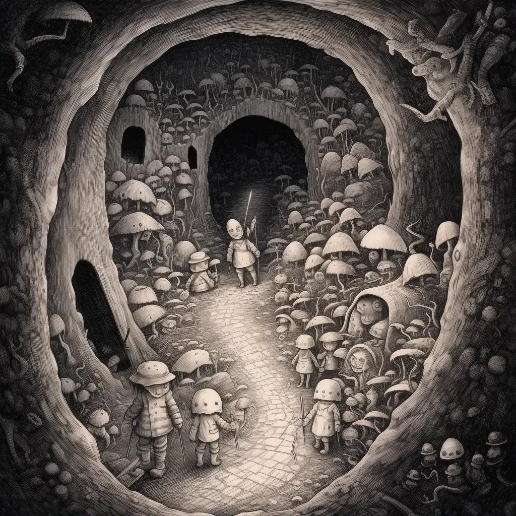 Illustration of children exploring a network of underground tunnels and caves with friendly gnomes - Image 2