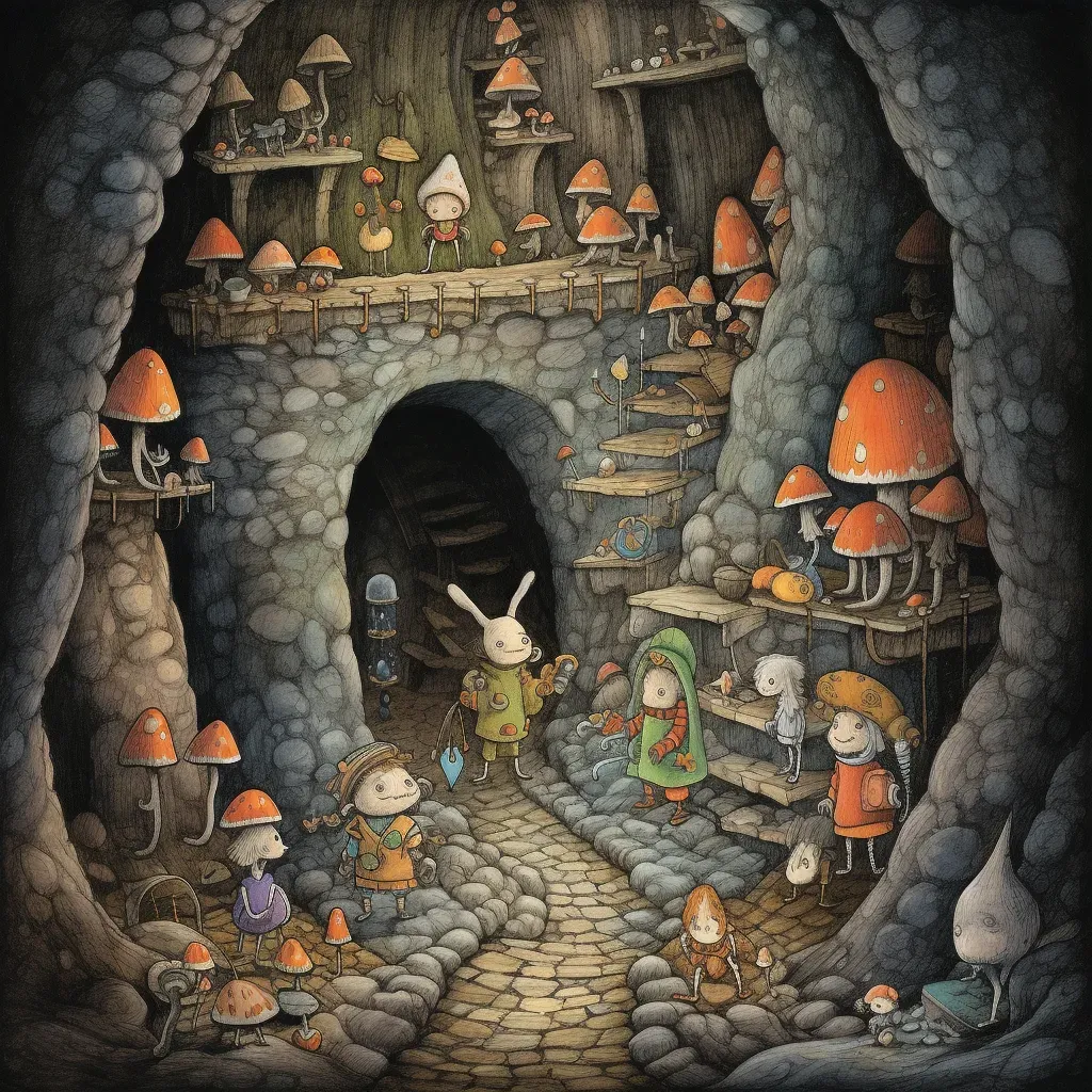 Illustration of children exploring a network of underground tunnels and caves with friendly gnomes - Image 3