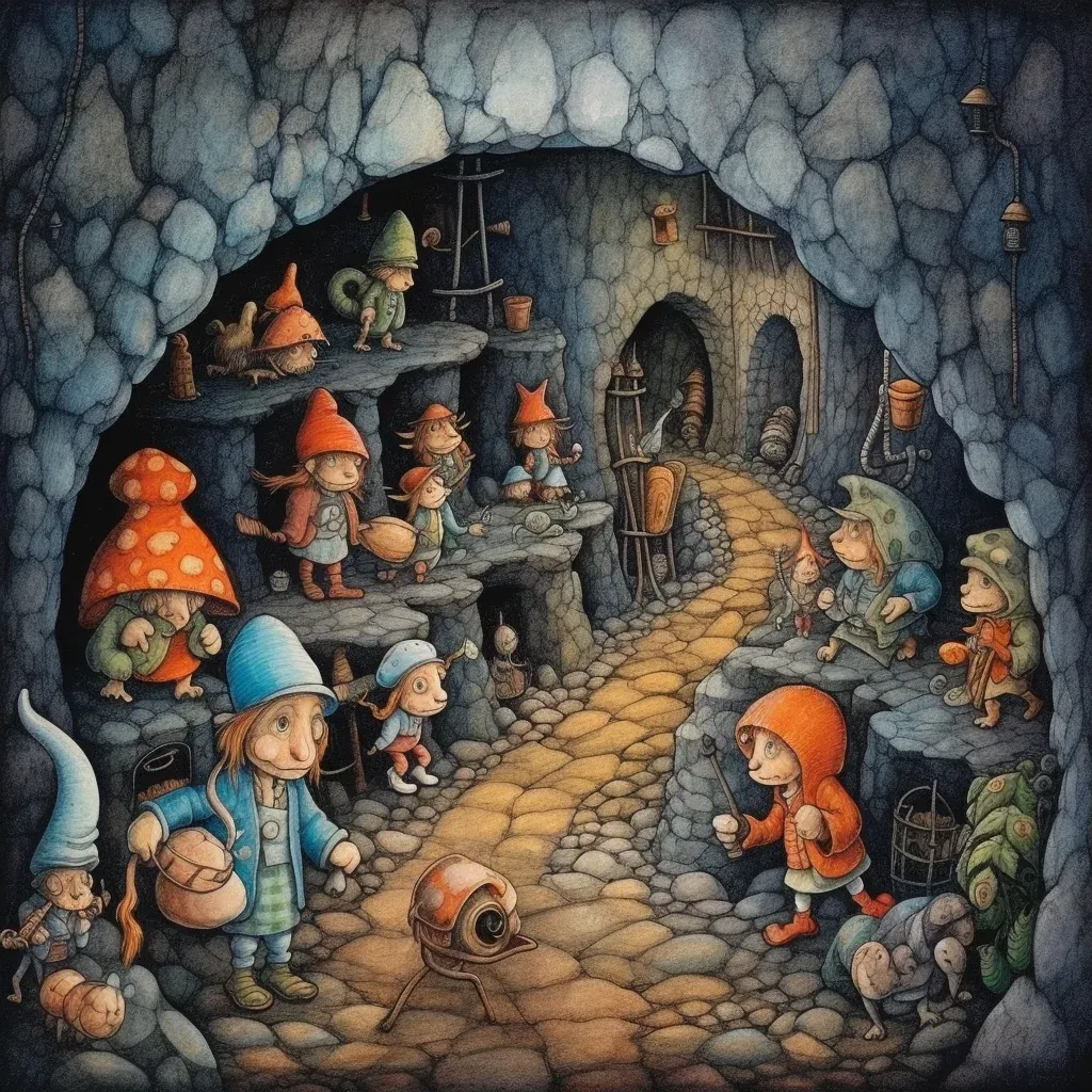 Illustration of children exploring a network of underground tunnels and caves with friendly gnomes - Image 4