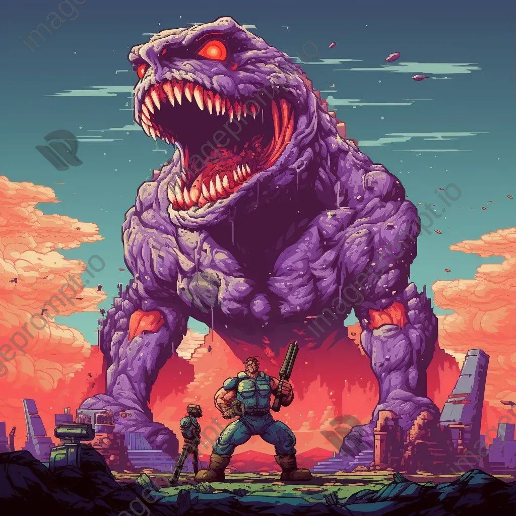 8-bit style pixel art of a vividly colored retro video game boss battle - Image 1