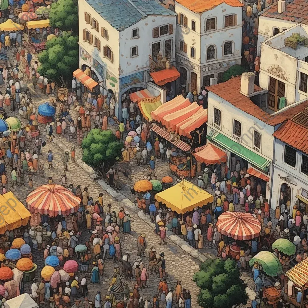 Outdoor market with colorful stalls and crowds of people - Image 1