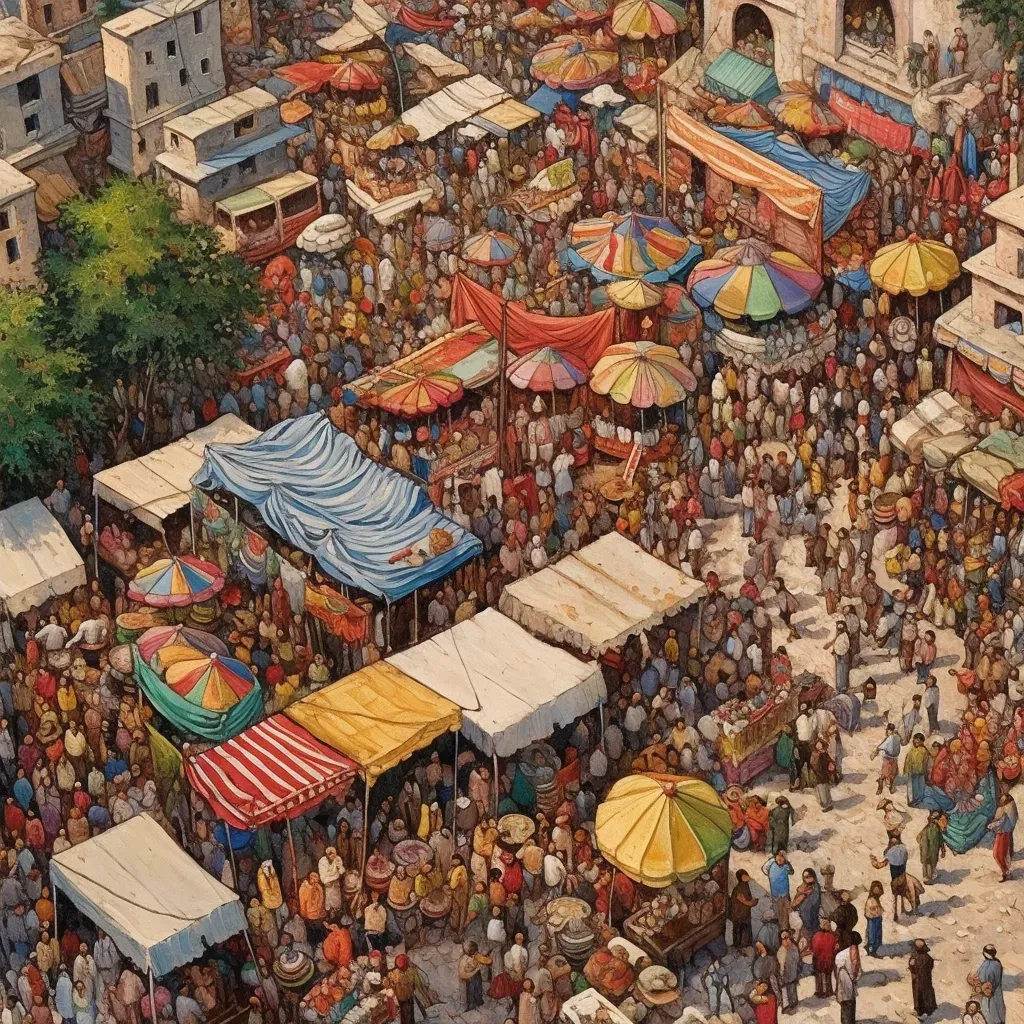 Bustling Outdoor Market with Colorful Stalls