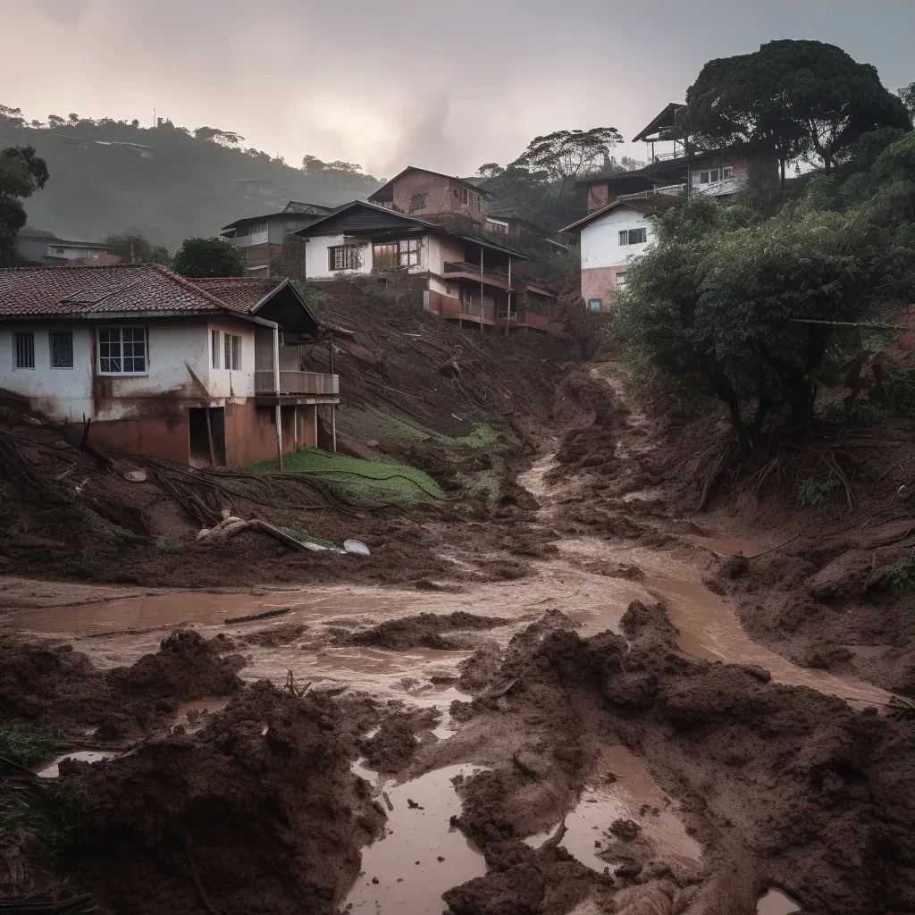 Illustration of a mudslide in a hilly area with houses and trees being swept away by rushing mud. - Image 3