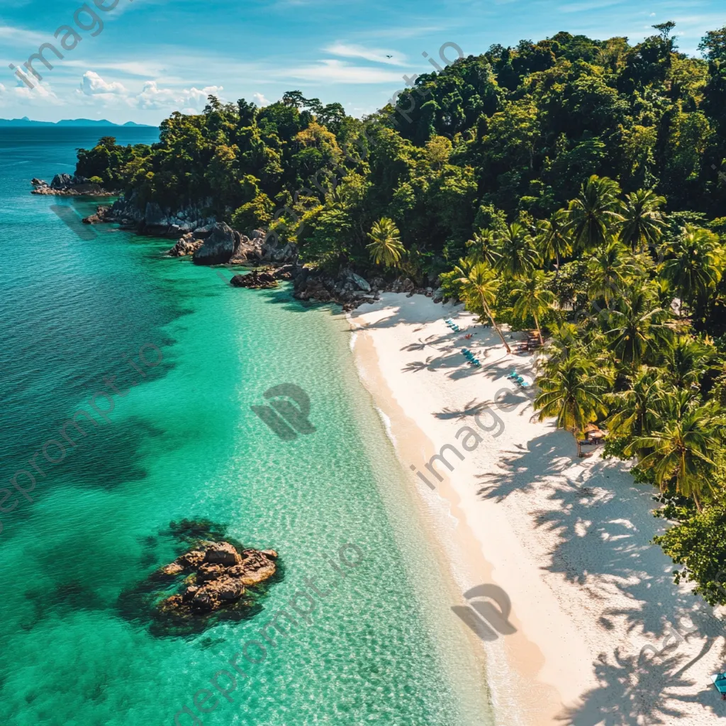 Aerial view of a secluded tropical beach with white sand, clear waters, and surrounding palm trees. - Image 1